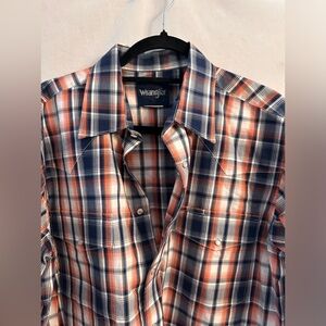 Wrangler Western Pearl Snap Cowboy Shirt Orange Blue Plaid Men Long Sleeve M